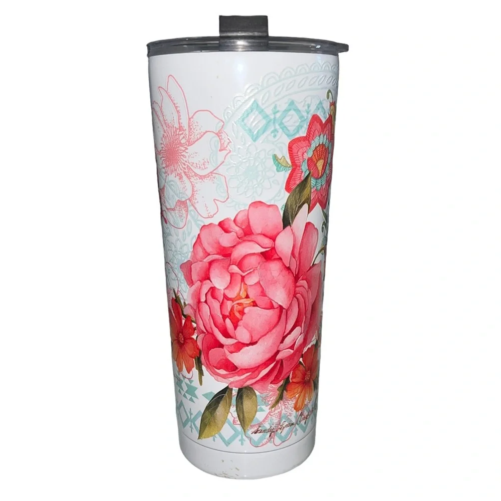 4/$40 Indigo Falls White with‎ Pink Floral Print Boho Chic Travel Cup